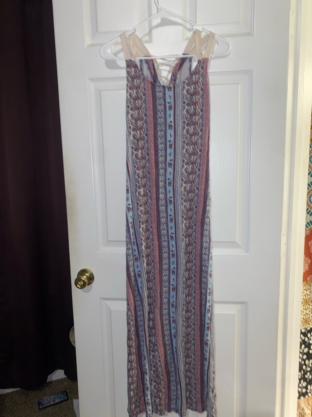 Pink Rose Blue and Tan Striped Maxi Dress